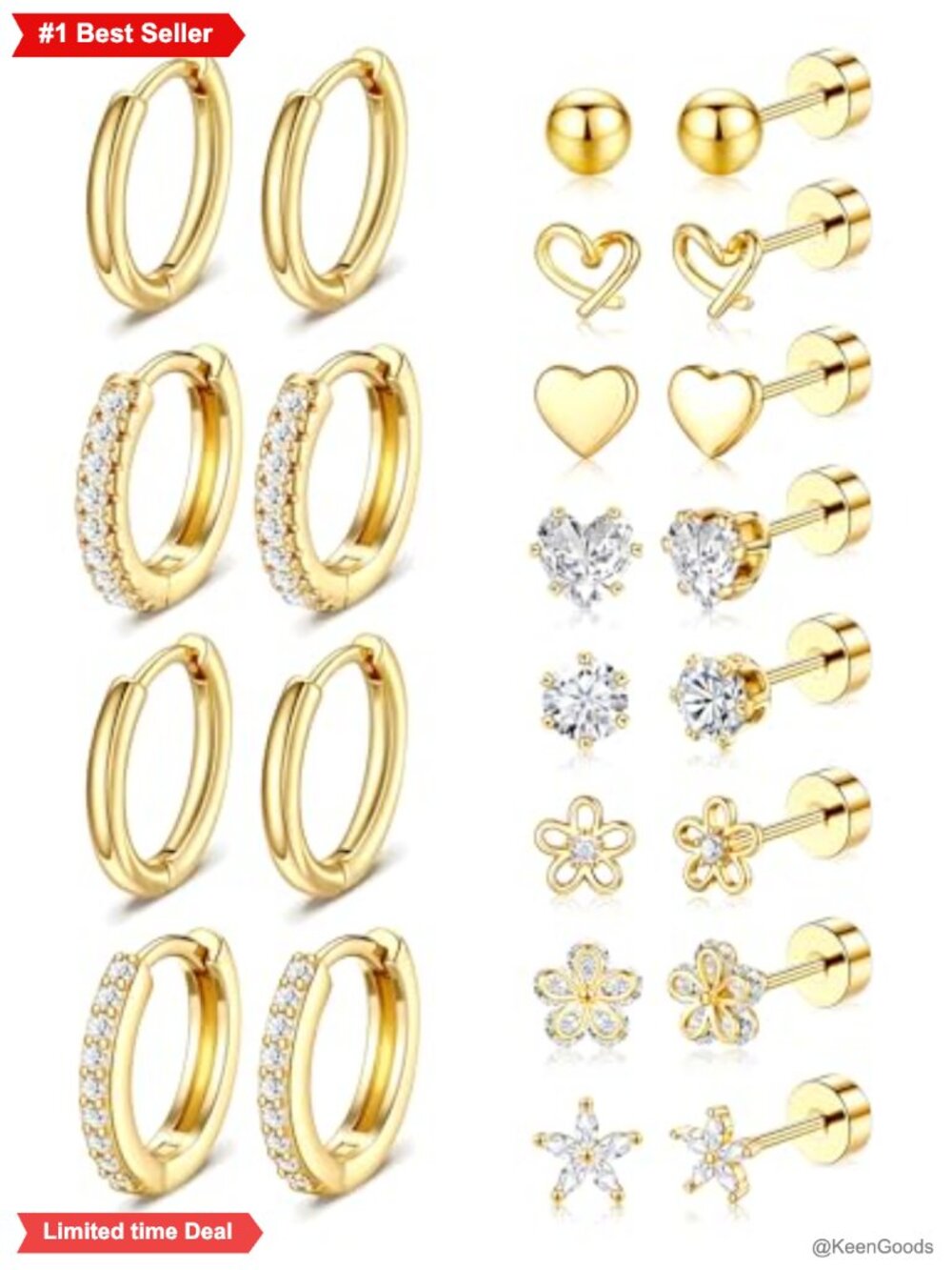 14k Gold Plated Surgical Stainless Steel Flat Back Stud Earrings Set